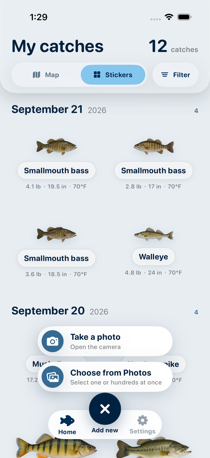 The actual Catch Pins add menu with Take a photo and Choose from Photos