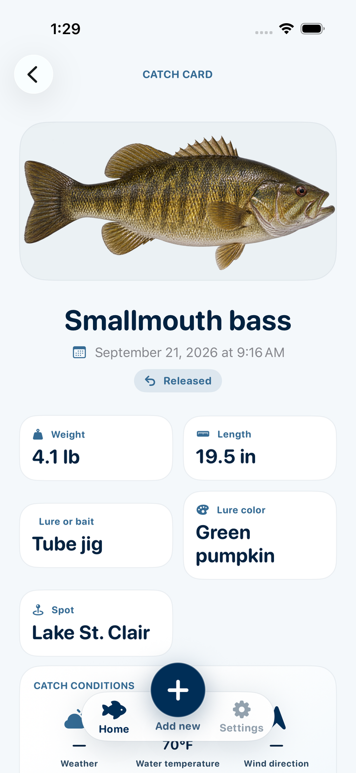 An actual Catch Pins smallmouth bass catch card with measurements, lure and Lake St. Clair location
