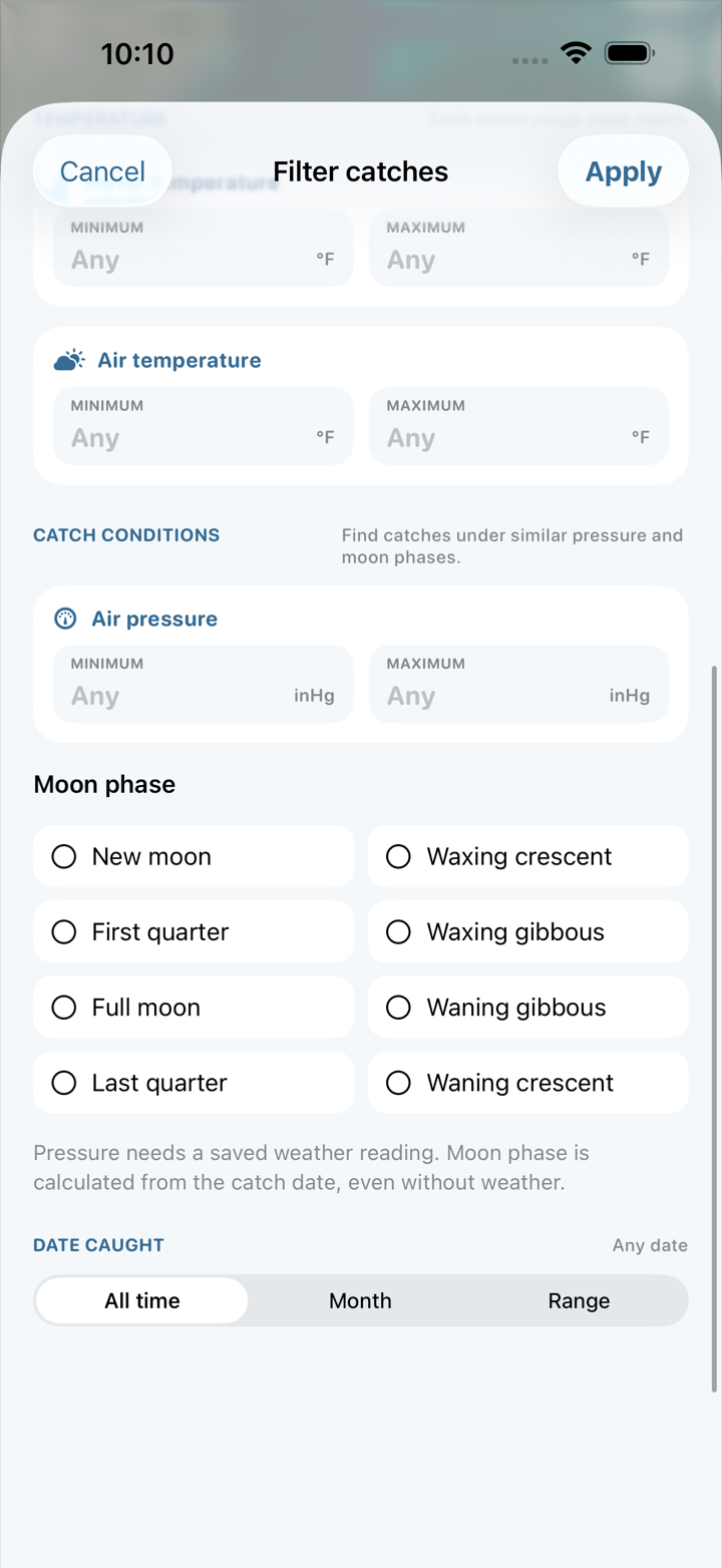 The actual Catch Pins filter sheet showing temperature, pressure and moon-phase controls