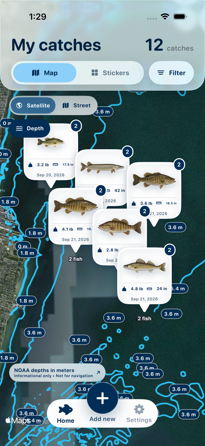 The actual Catch Pins map zoomed into Lake St. Clair with catch stickers and NOAA depth contours
