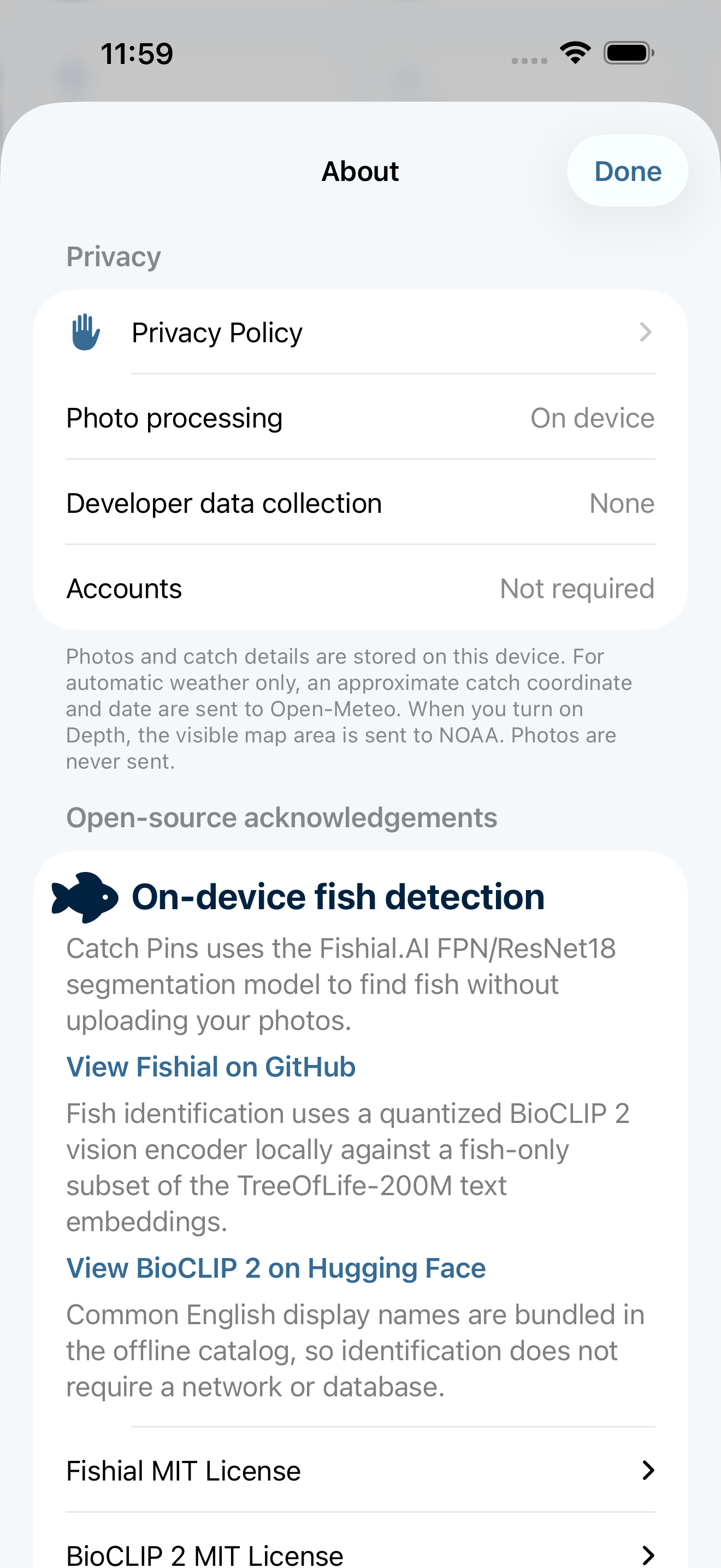 Catch Pins privacy and acknowledgements showing on-device photo processing and optional weather and depth requests