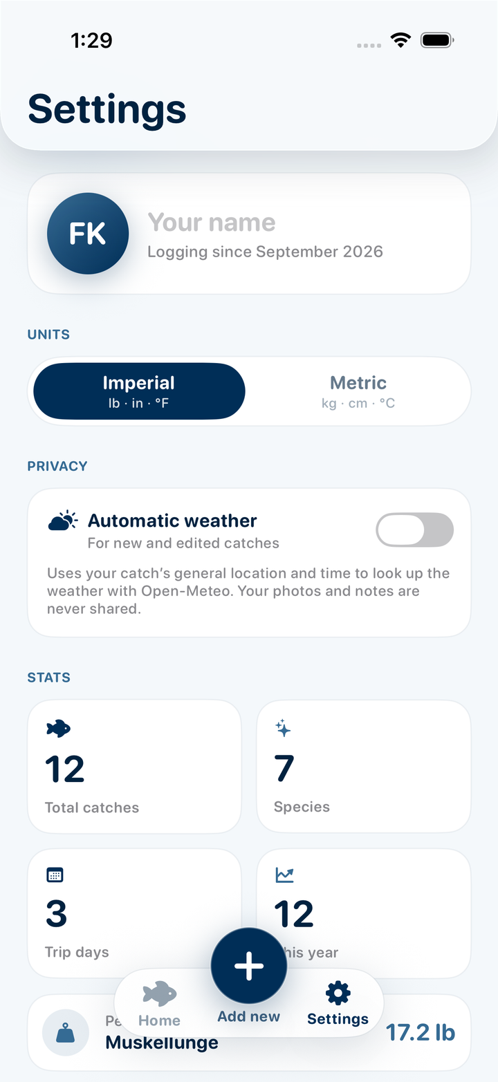 The actual Catch Pins settings screen with units and automatic weather preferences