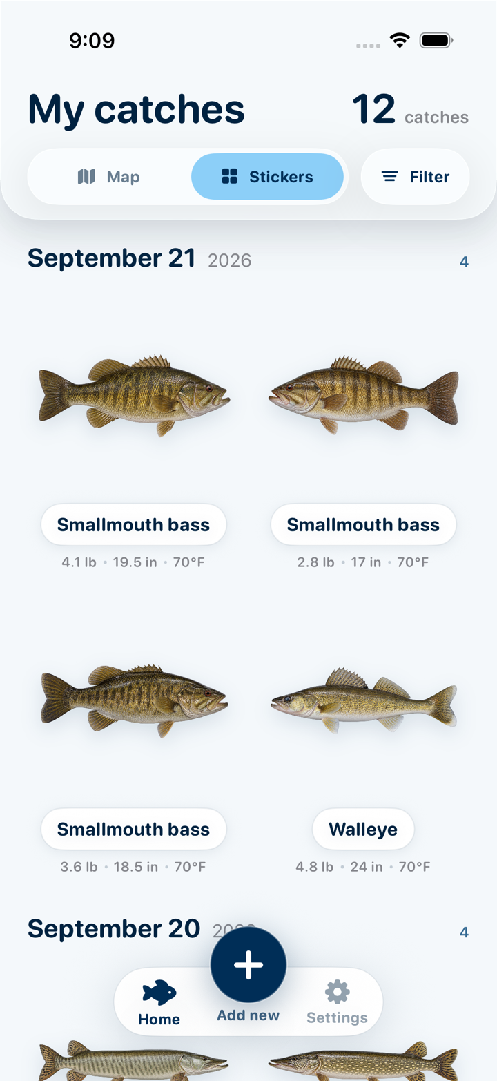 The Catch Pins catch gallery, catches grouped by day as cut-out fish stickers